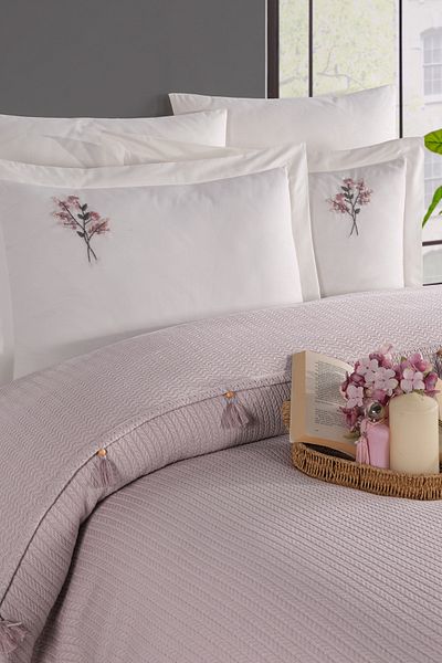 Marka Newhome Double Fringed Hand Embroidered 100% Cotton Luxury Pique Set Dried Rose