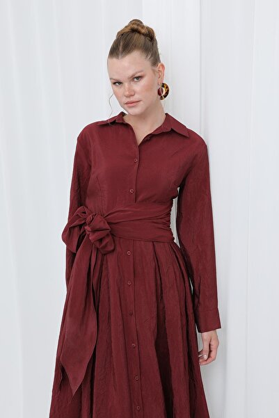 Loreen Γυναικείο φόρεμα λινό με γιακά πουκάμισο με ζώνη διπλό πέτο -20661ELB - Βουργουνδία