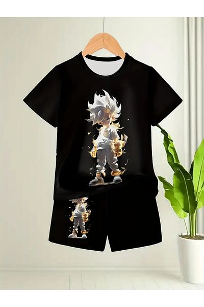PENTHİLUS Boys' Short Sleeve Round Neck T-Shirt, Cartoon Printed Round Neck Polyester Top