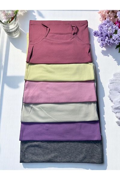 BENDEHEPSİ Cotton Rope Strap Ribbed Girl's 6-Piece Mixed Color Undershirt Flexible