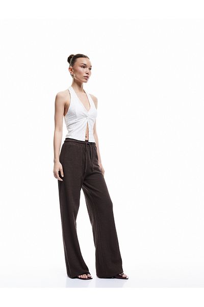 Koton Cotton Wrinkle Comfortable Fit High Waist Lace-Up Wide Leg Pants