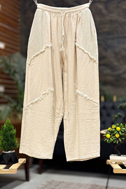 sahnemoda Tasseled Wide Leg Linen Trousers with Pocket Mesh Detail