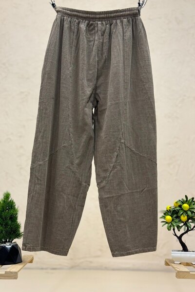 sahnemoda Tasseled Wide Leg Linen Trousers with Pocket Mesh Detail