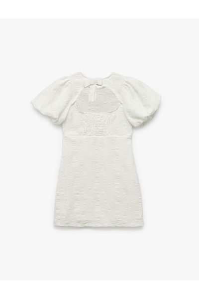 Koton Short Balloon Sleeves Textured Crew Neck A-Line Mini Dress