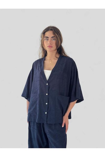 Retrobird Cămașă kimono cu decolteu în V de design pentru femei, albastru închis
