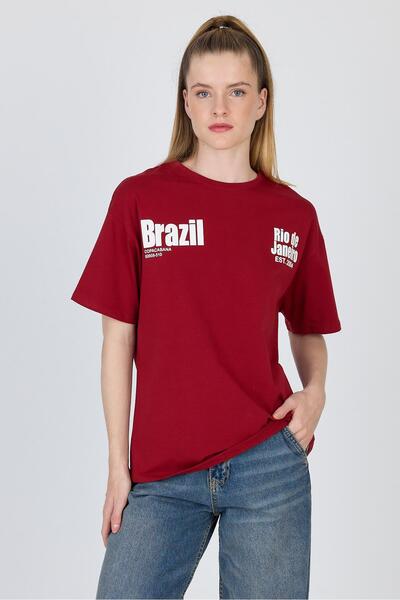 Rays تي شيرت كبير الحجم مطبوع عليه نص عنابي 100% قطن 6403