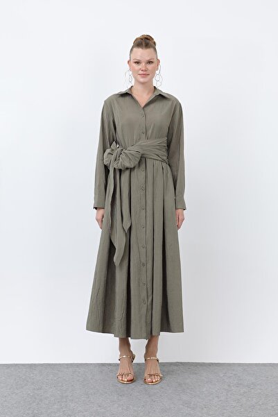 Loreen Women's Double Breasted Belted Shirt Collar Linen Dress-20661Elb - Khaki