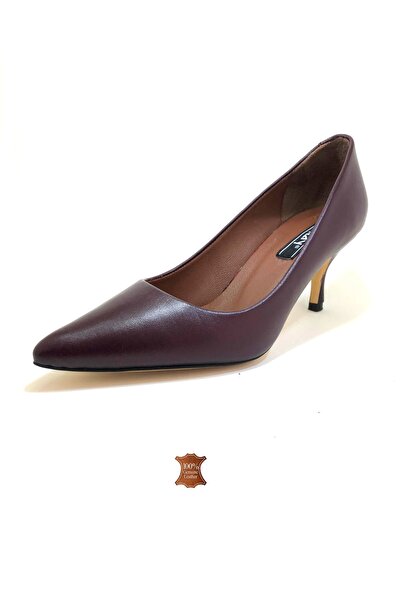 Stiletto Bordo Kadın Topuklu Ayakkabı Hakiki Deri
