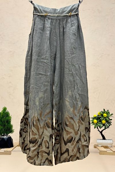 sahnemoda Leg Patterned Belted Wide Leg Imported Linen Trousers