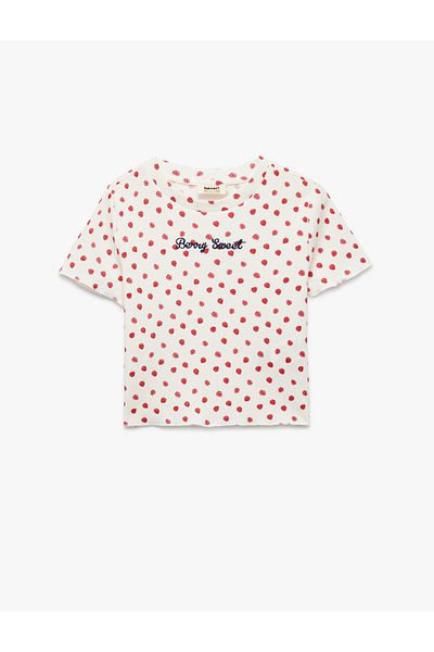Koton Cotton Embroidery Detailed Strawberry Printed Slim Fit Crew Neck Short Sleeve Crop T-Shirt