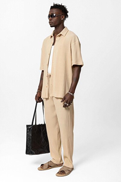 VAMOSCLO Σετ Οθωμανικό Oversize με Λεπτομέρεια Πλαϊνής Σχισμής με Κουμπιά-μπεζ