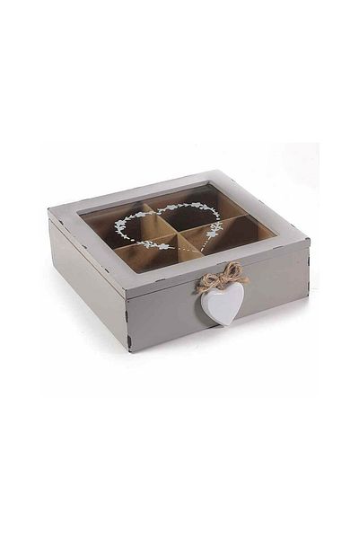 Decorer Wooden gray vintage tea box with 4 compartments 19 cm x 18 cm x 6 cm