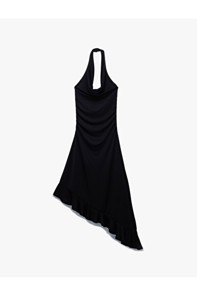 Koton Degaje Yaka Asimetrik Kolsuz Drapeli Midi Elbise