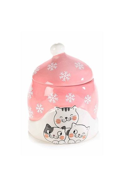 Decorer Decorative Ceramic Jar Pink White Cat Design Ø 12x15 cm