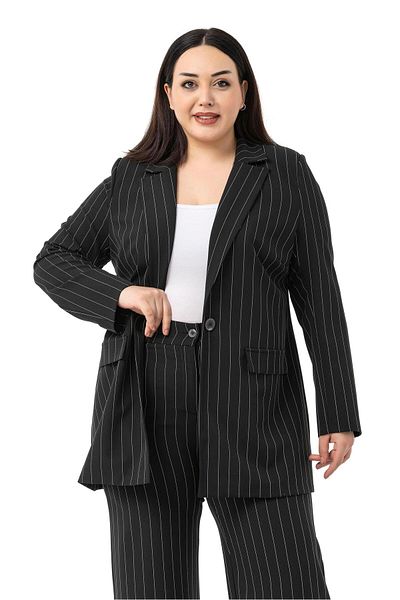 DISENTIS MODEST Plus Size Striped Black Jacket Pants Double Suit