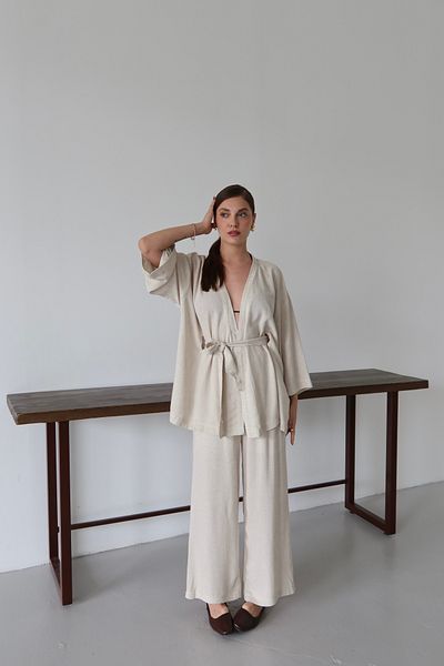 Laluvia Natural Hidden Belt Detailed Kimono Suit - 8723