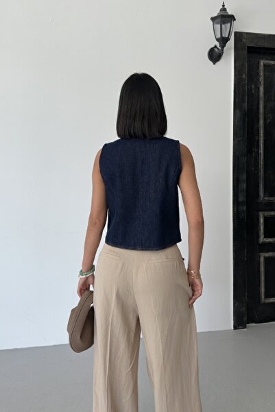 RICHMOST Buttoned and Short Length Slim Fit Pocketless Sleeveless Women's Denim Vest Navy Blue Denim with Slap