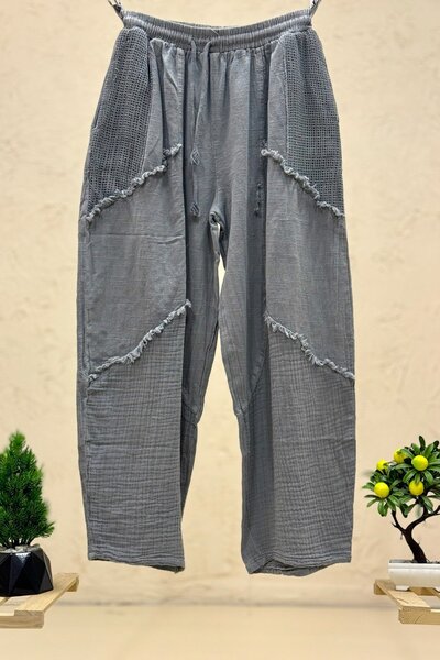sahnemoda Tasseled Wide Leg Linen Trousers with Pocket Mesh Detail
