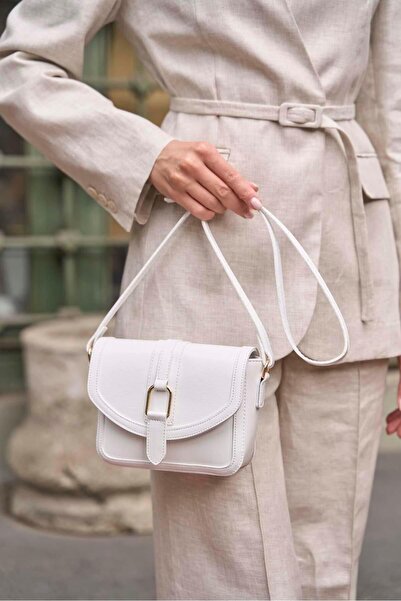 Madamra Λευκή γυναικεία αγκράφα δερμάτινη εμφάνιση Mini τσάντα χεριών και ώμου