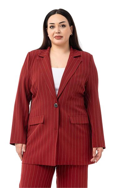 DISENTIS MODEST Plus Size Striped Burgundy Jacket Trousers Double Suit