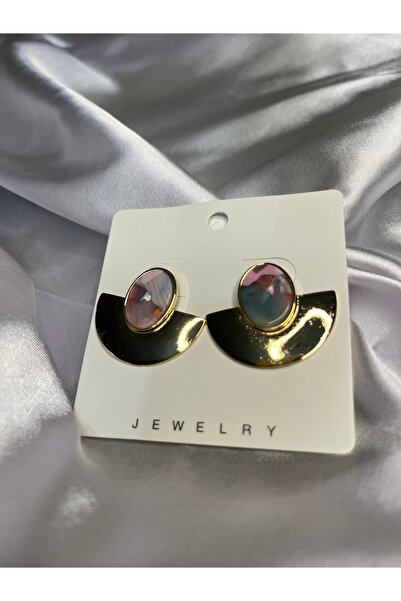 Fam&Co Jewelry Gold Color Half Moon Detailed Colorful Stone Modern Earrings