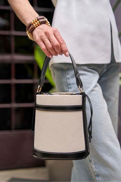 Madamra Canvas- Black Women's Contrast Stitched Bucket Hand and Shoulder Bag