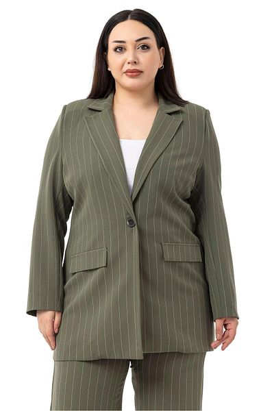 DISENTIS MODEST Plus Size Striped Khaki Jacket Pants Double Suit