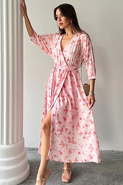 VAGGON Women's Pink Belted Elastic Waist Double Breasted Collar Midi Length Linen Dress Vs00171