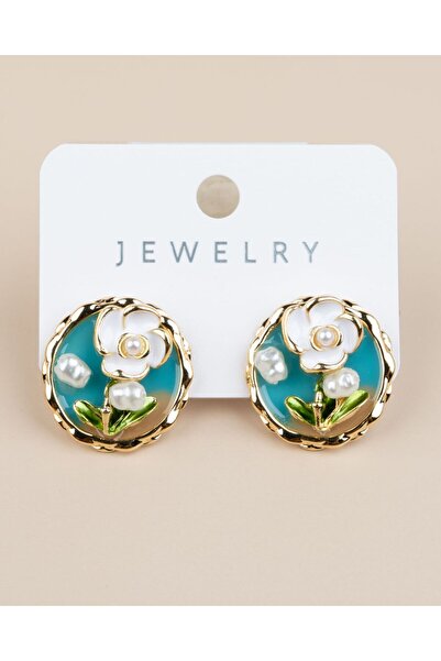 Portakal Esintisi Fiorella Blue Enamel Flower Motif Pearl Art Earrings