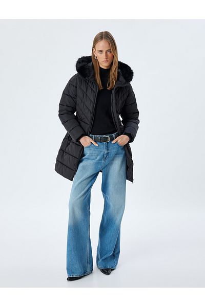 Koton Quilted Long Inflatable Coat Water Repellent Hooded Collar Plush Detailed Pocket