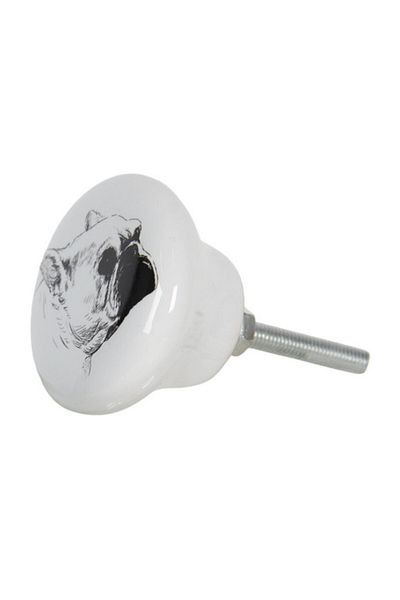 Clayre & Eef Buton mobilă din fier și ceramică albă neagră Dog 4x2 cm