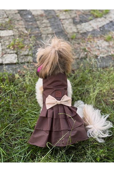 For a Fur Dog Dress Outfit Brown Beige Color Poplin Fabric Pleated Cat Dress