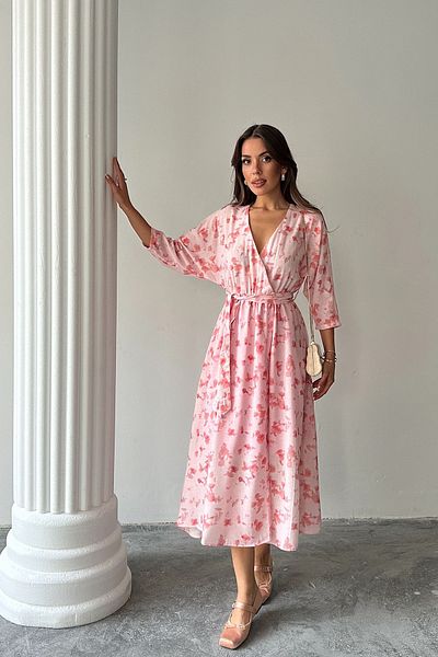 VAGGON Women's Pink Belted Elastic Waist Double Breasted Collar Midi Length Linen Dress Vs00171