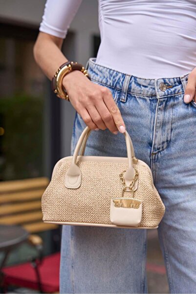 Madamra Krem Kadın Hasır Dokulu Mini El Çantası