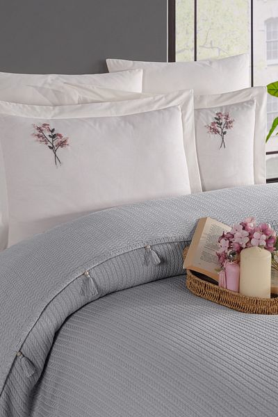 Marka Newhome Double Fringed Hand Embroidered 100% Cotton Luxury Pique Set Gray