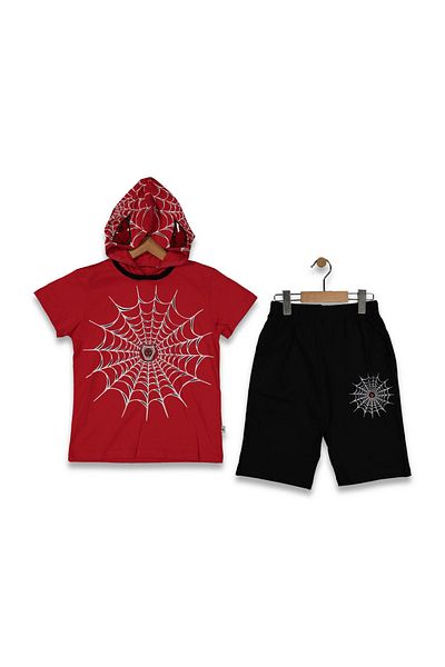 ESKİŞEHİR YUMURCAK Network Pattern Cap Masked Light up 2-Piece Short Sleeve Shorts Spiderman Suit