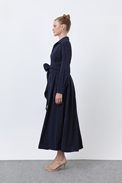 Loreen Γυναικείο φόρεμα λινό με γιακά πουκάμισο με ζώνη διπλό πέτο -20661ELB - Navy Blue