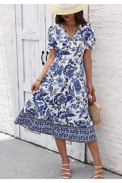 Little Visqon Short Sleeve Skirt Flounced Floral Print Lycra Satin Midi Length Dress