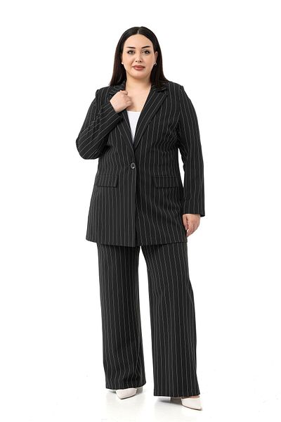 DISENTIS MODEST Plus Size Striped Black Jacket Pants Double Suit