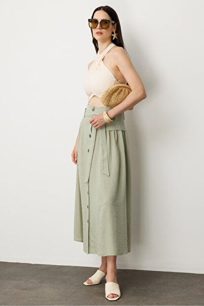 accort Önden Düğmeli Kemer Detay Etek-SU YEŞİLİ