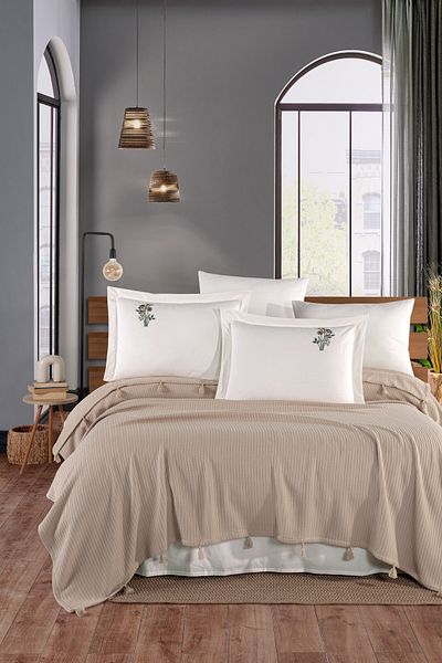 Marka Newhome Double Fringed Hand Embroidered 100% Cotton Luxury Pique Set Cappuccino