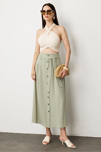accort Önden Düğmeli Kemer Detay Etek-SU YEŞİLİ