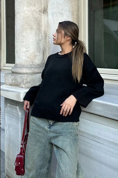 Tarz Cool Black Crew Neck Oversize Sweater Sweater