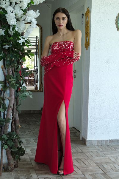 Feminist Double Crepe Strapless Sleeve and Top Stone Detailed Evening Dress Red 1302305