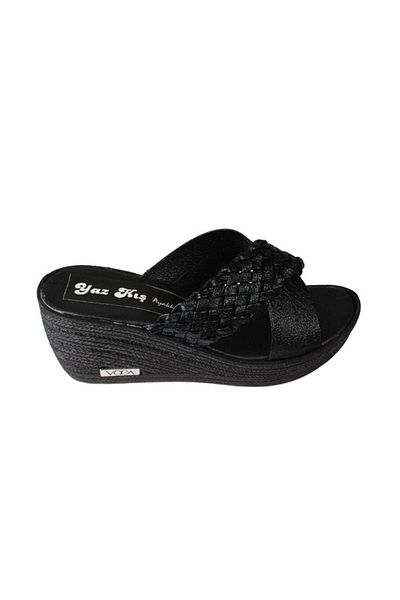 Yaz Kış Ayakkabı Yazkiş Women's Black Cross Strap Knitted 7cm Wedge Heel Slippers