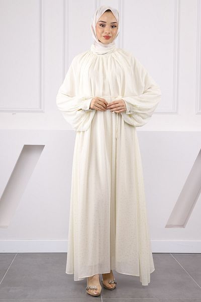 İmajButik Βραδινό φόρεμα σιφόν με κρεμ γιακά με κορδόνι