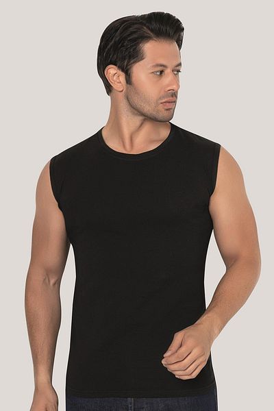 Arma Yıldız Men's Black Sleeveless T-Shirt Crew Neck Zero Sleeve Undershirt Cotton Lycra