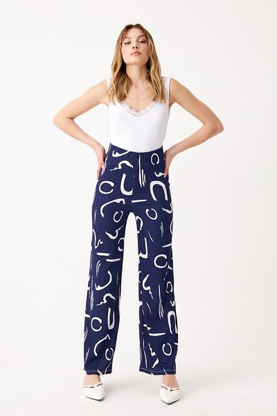 Know Women's Navy Blue Patterned Pipe Leg Trousers
