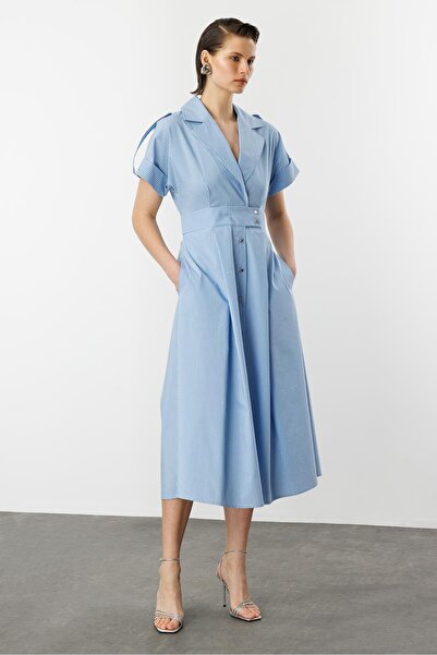 accort Kruvaze Yaka Uzun Elbise-MAVİ