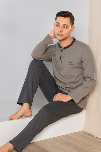 FATELLA Set de pijamale confortabile din bumbac gri, cu mâneci lungi și nastu...